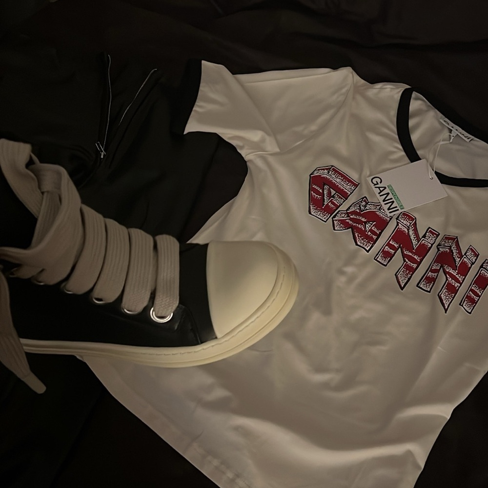Ganni White Tee with Black Trim and Red Graphic